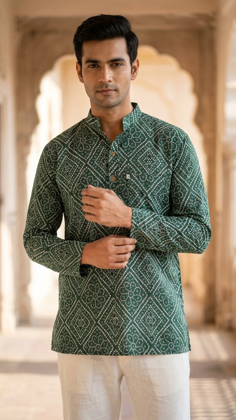 Green Box Bandhej Printed Full Sleeves Short Kurta for Men