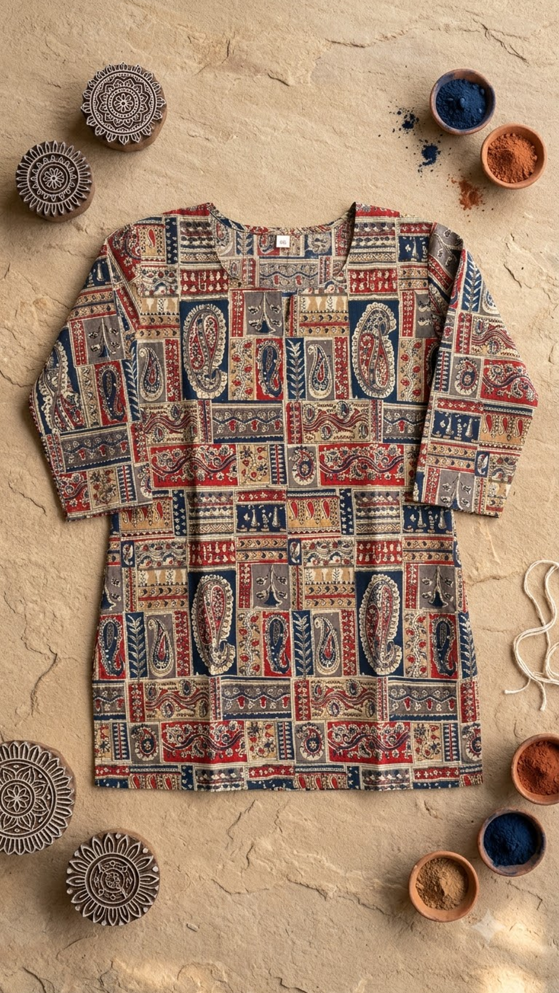 Patch Work Motif Print 3/4 Sleeves Cotton Short Kurti Top for Women