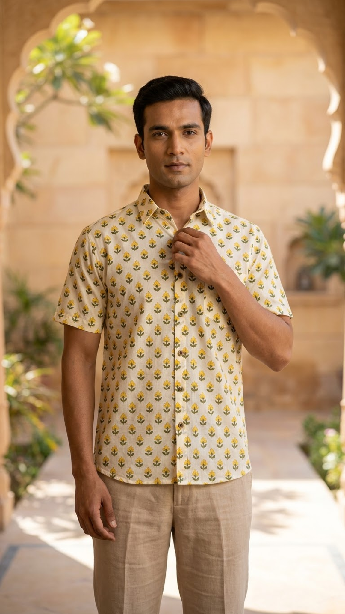 Plus Size Yellow Flower Booti Printed Mens Half Sleeves Shirt