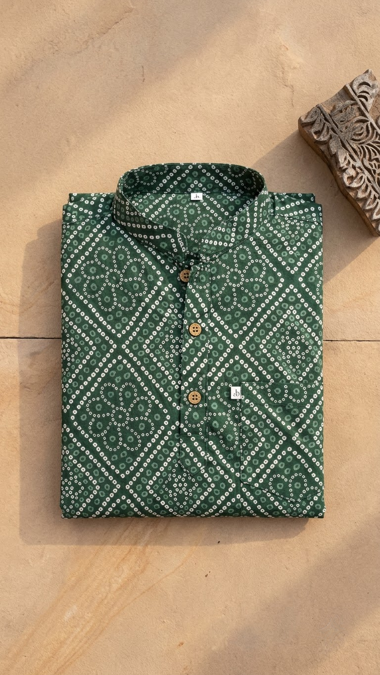 Green Box Bandhej Printed Full Sleeves Short Kurta for Men
