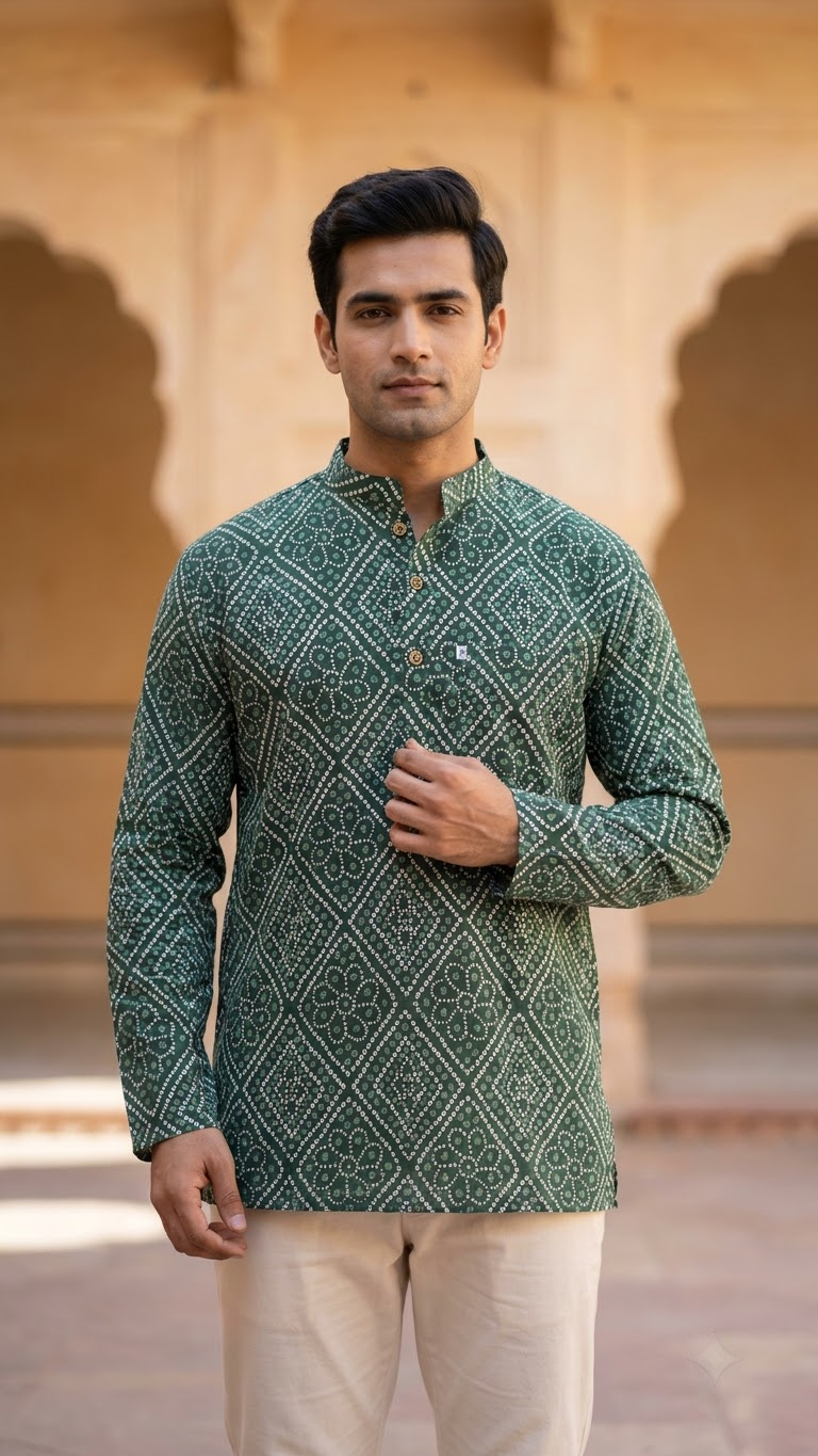 Green Box Bandhej Printed Full Sleeves Short Kurta for Men