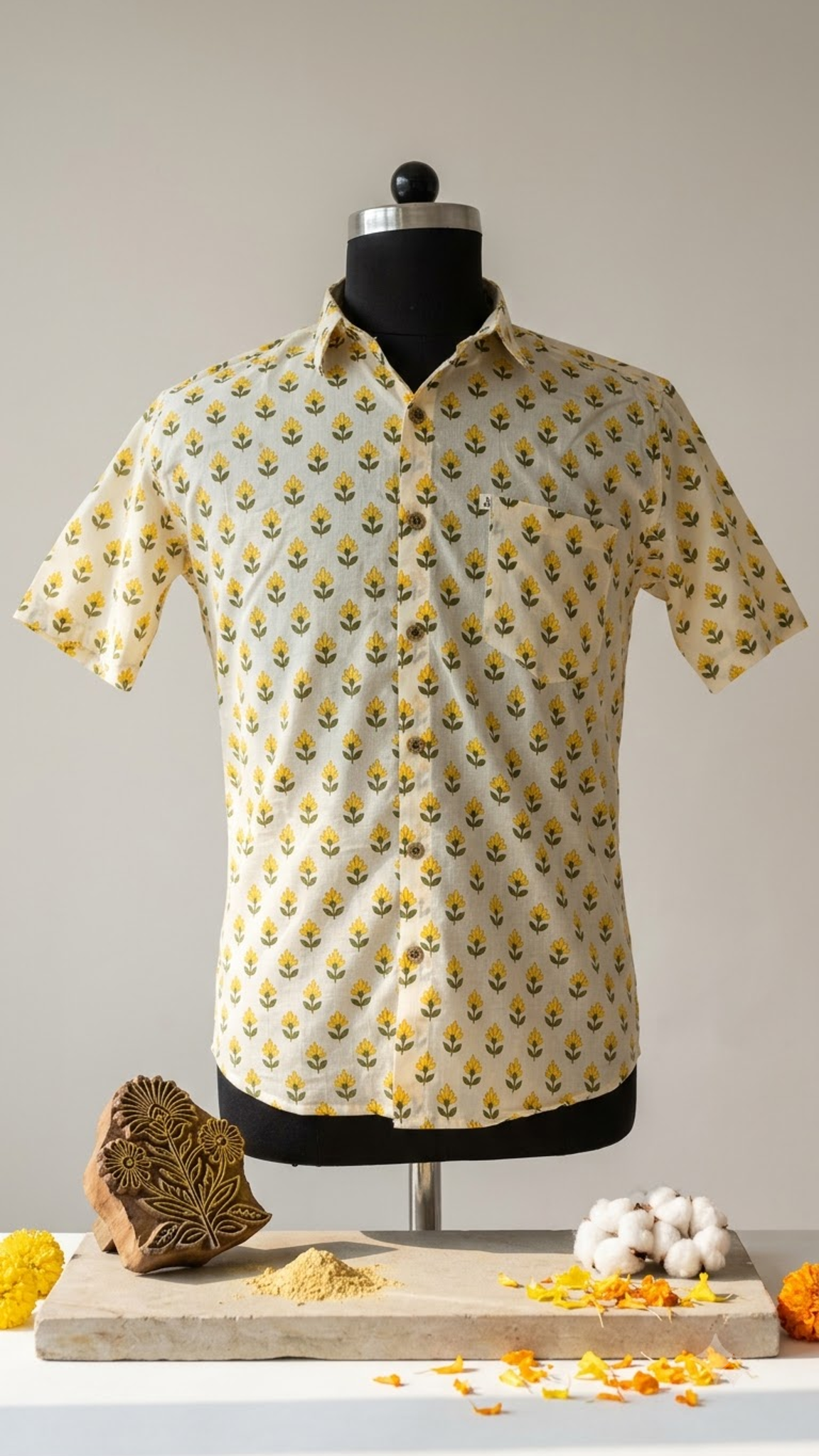 Plus Size Yellow Flower Booti Printed Mens Half Sleeves Shirt