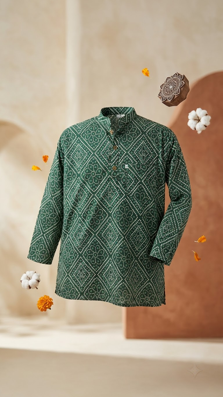 Green Box Bandhej Printed Full Sleeves Short Kurta for Men