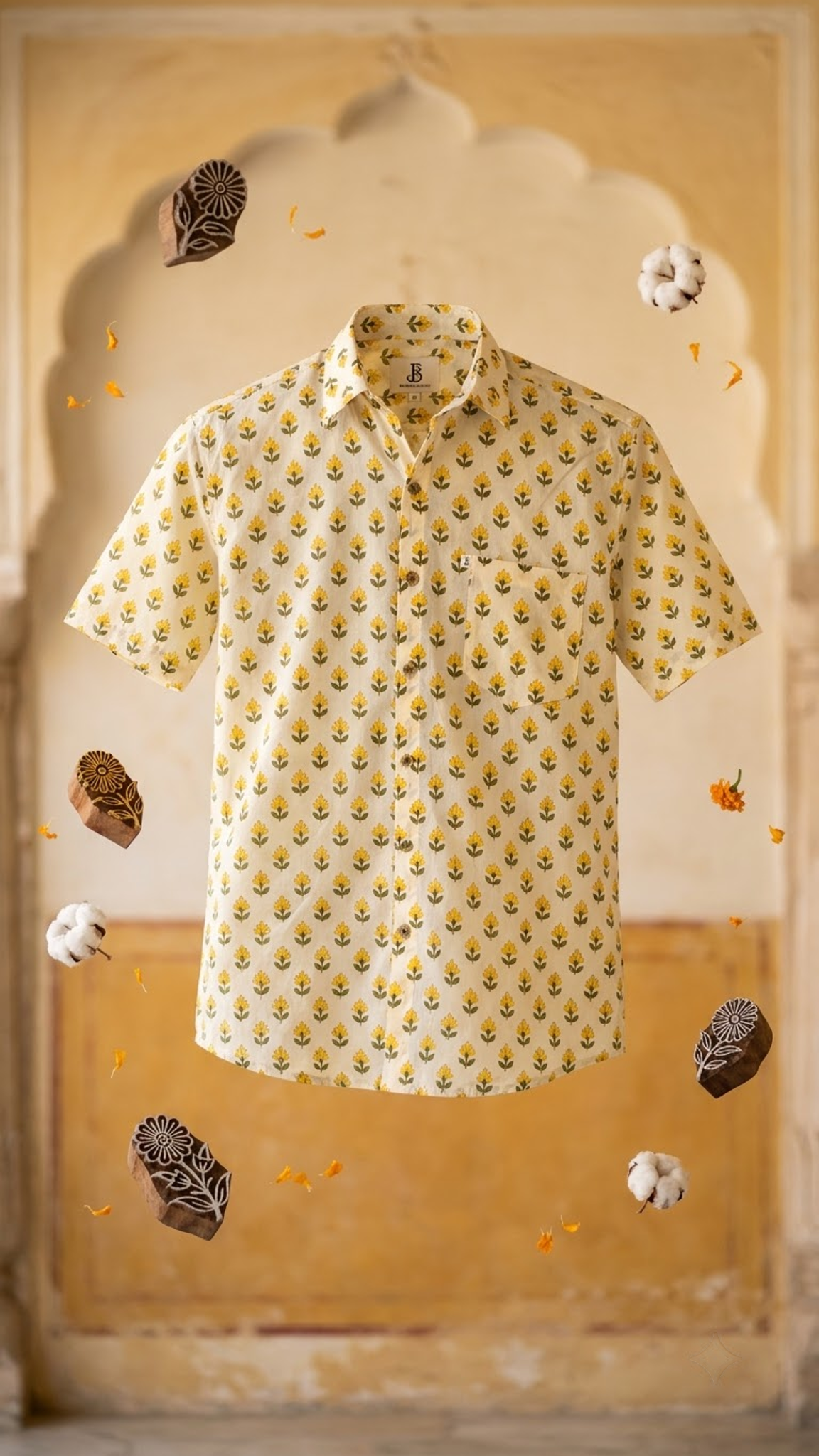 Plus Size Yellow Flower Booti Printed Mens Half Sleeves Shirt