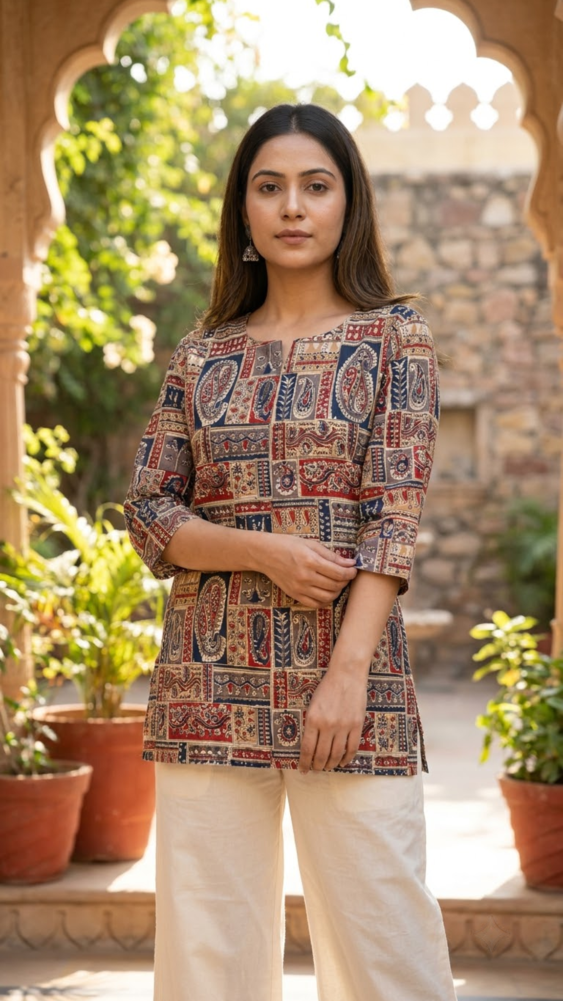 Patch Work Motif Print 3/4 Sleeves Cotton Short Kurti Top for Women