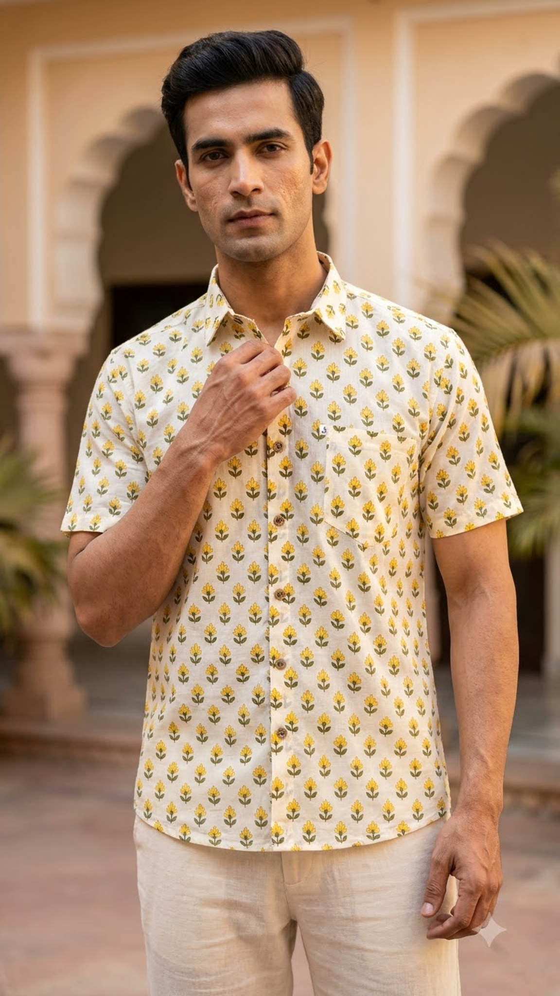 Plus Size Yellow Flower Booti Printed Mens Half Sleeves Shirt
