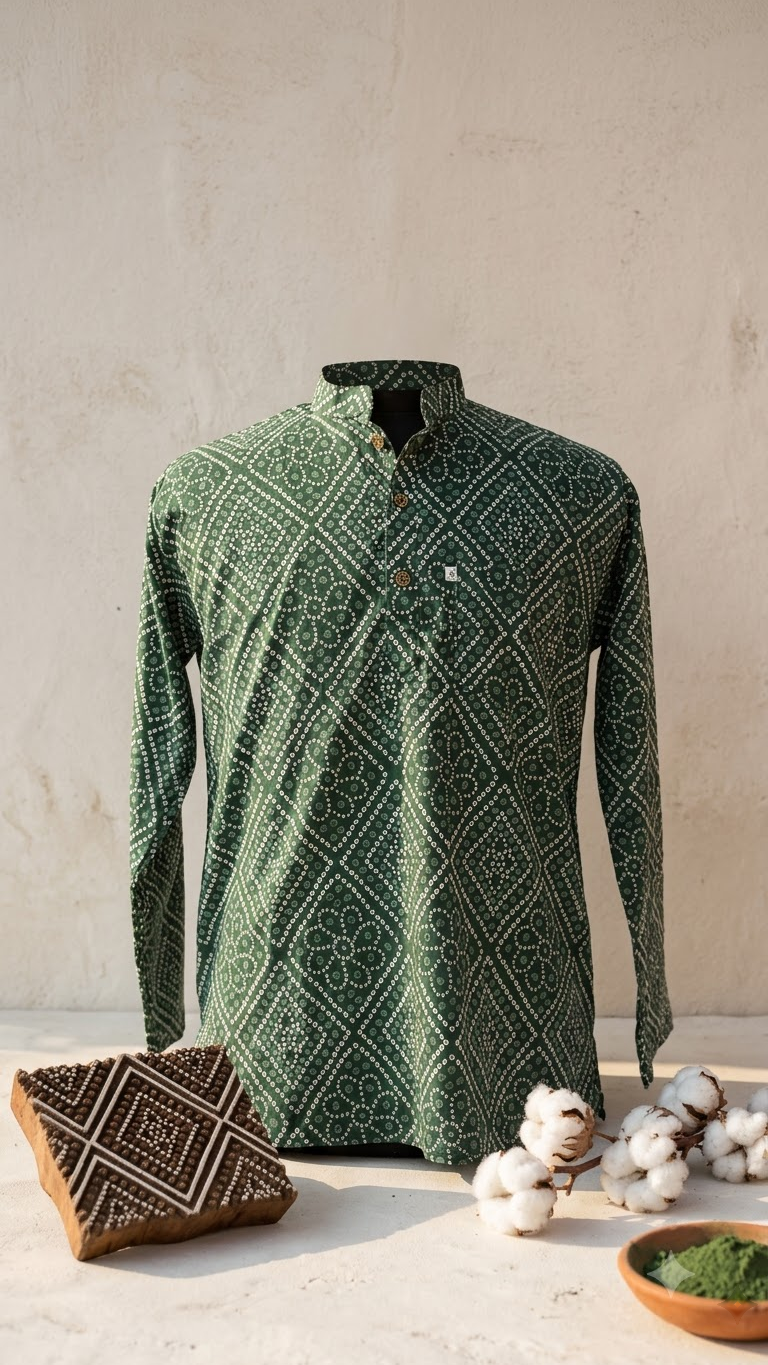 Green Box Bandhej Printed Full Sleeves Short Kurta for Men
