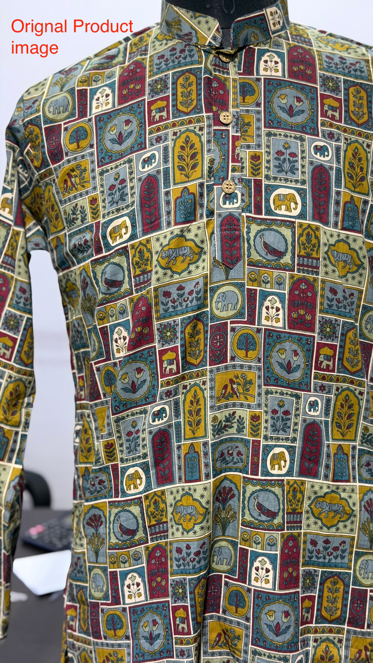 Multicolour Heritage Patch Printed Full Sleeves Long Kurta for Men