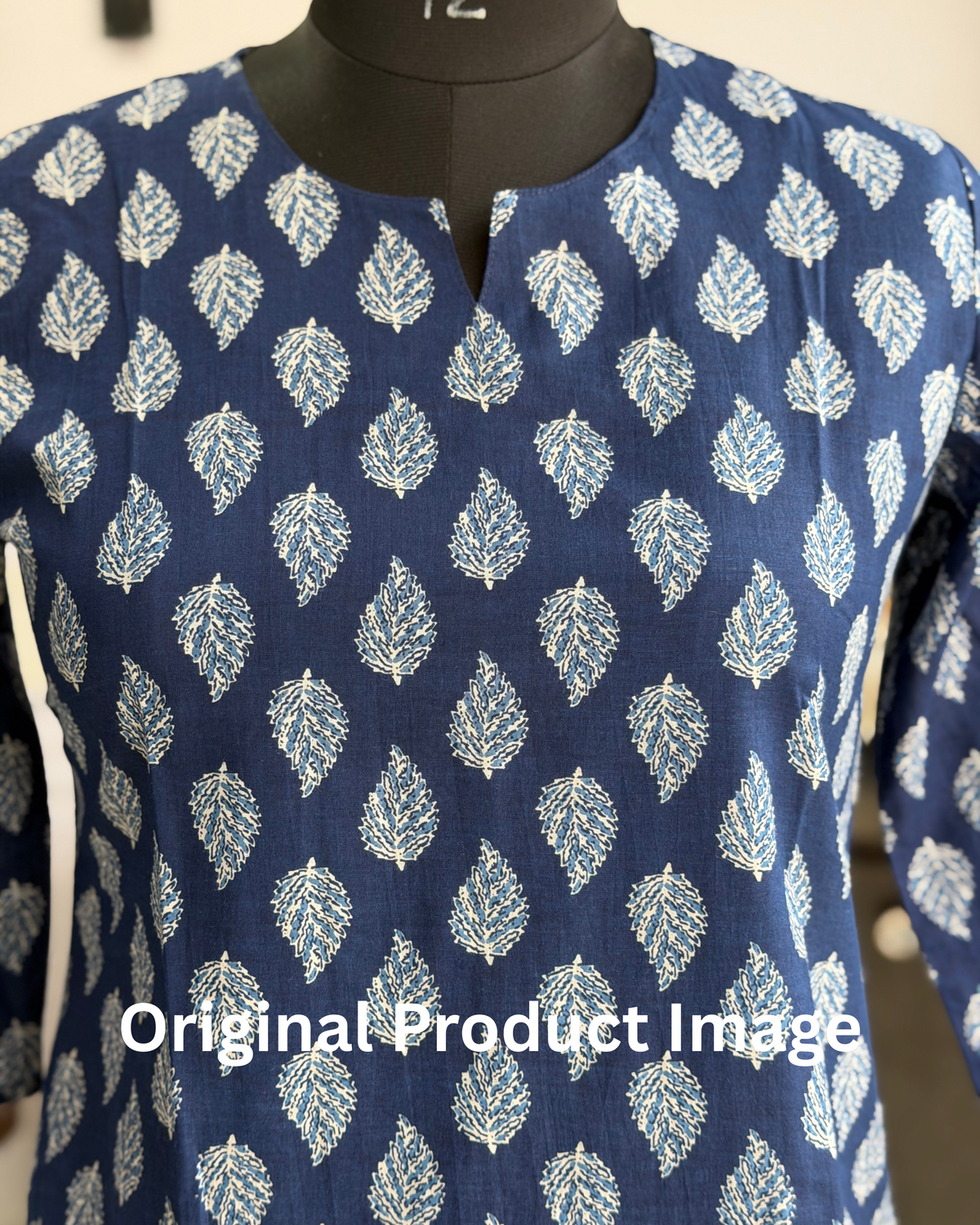 Indigo Blue Leaf Booti Hand Block Print 3/4 Sleeves Cotton Short Kurti Top for Women