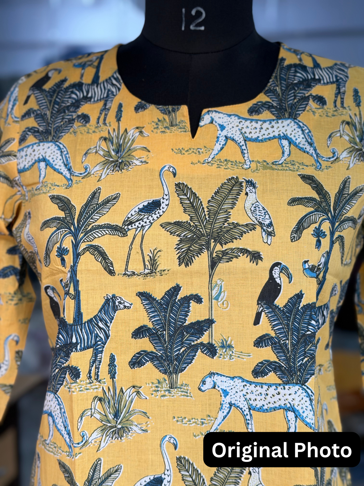 Yellow Jungle Print 3/4 Sleeves Cotton Short Kurti Top for Women