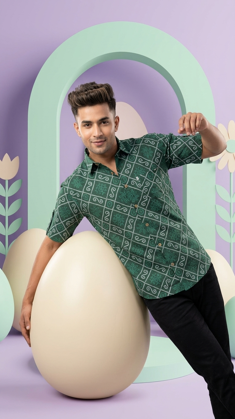 New Green Bandhani/Bandhej Printed Mens Half Sleeves Cotton Shirt