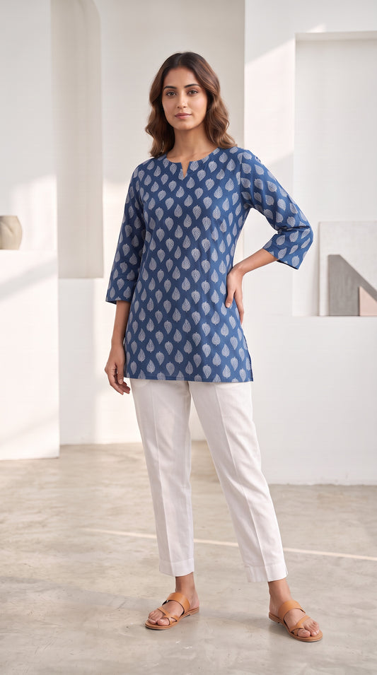 Indigo Blue Leaf Booti Hand Block Print 3/4 Sleeves Cotton Short Kurti Top for Women
