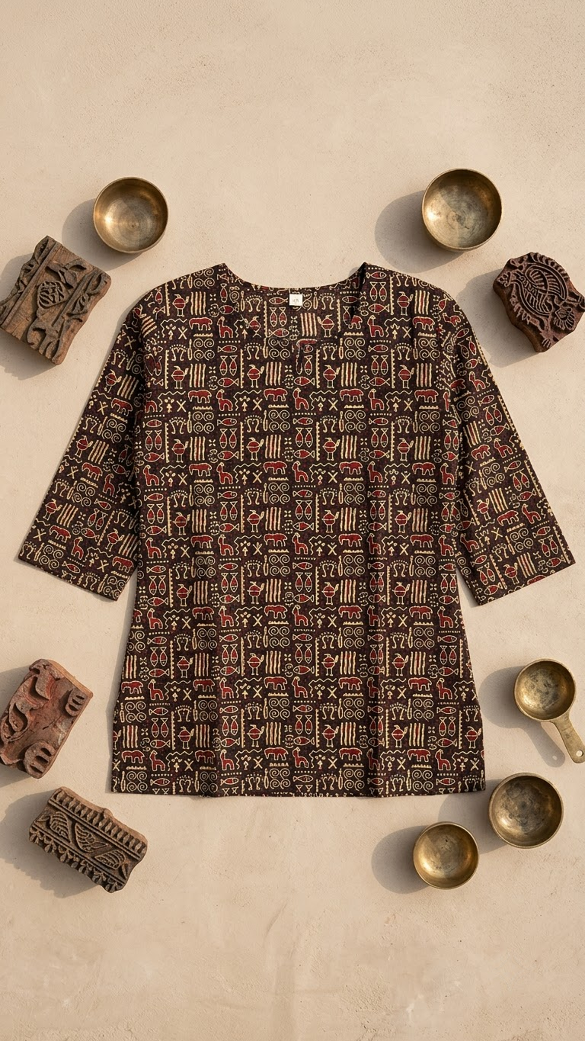 Black Tribal Motif Print 3/4 Sleeves Cotton Short Kurti Top for Women