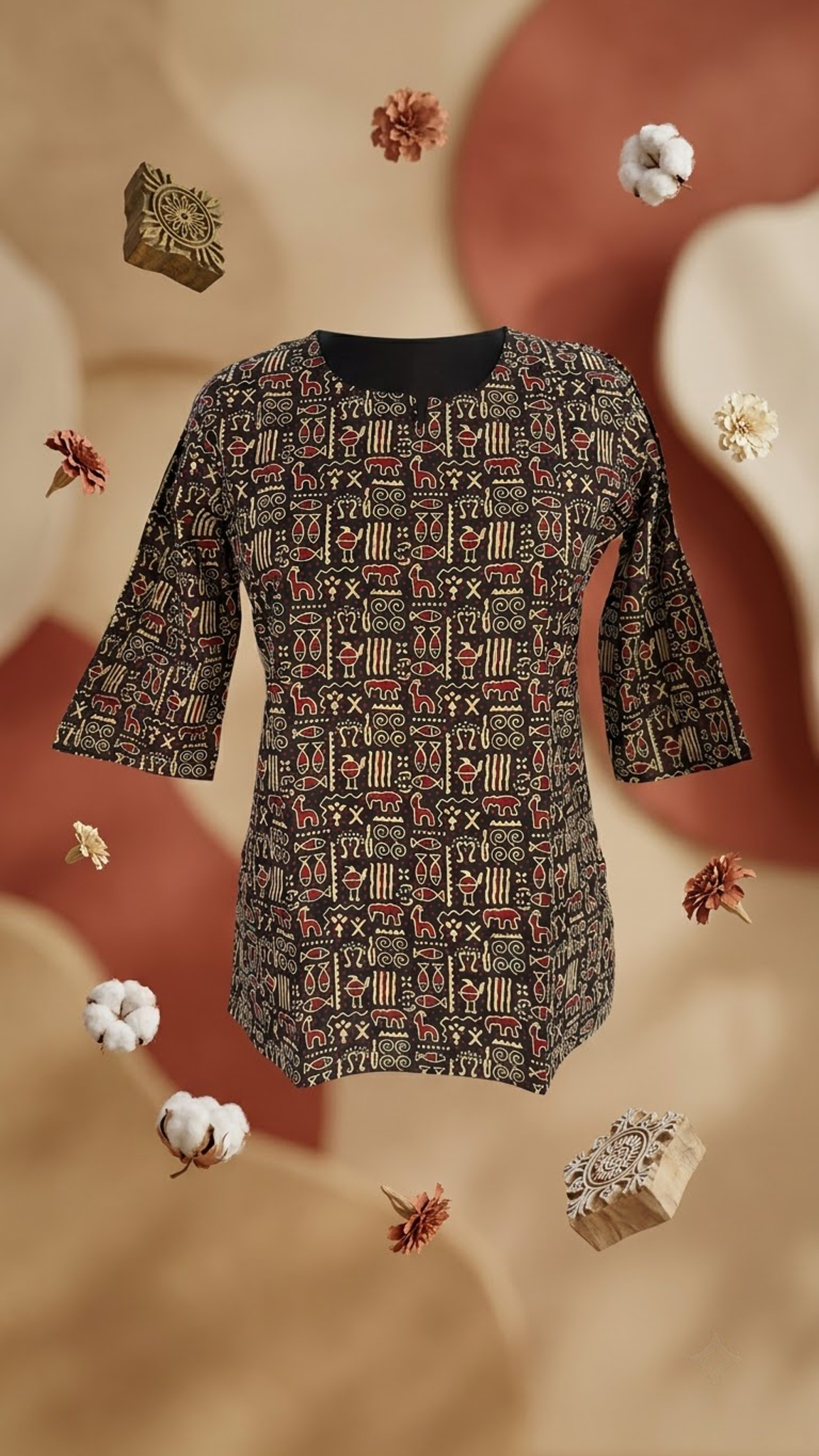 Black Tribal Motif Print 3/4 Sleeves Cotton Short Kurti Top for Women