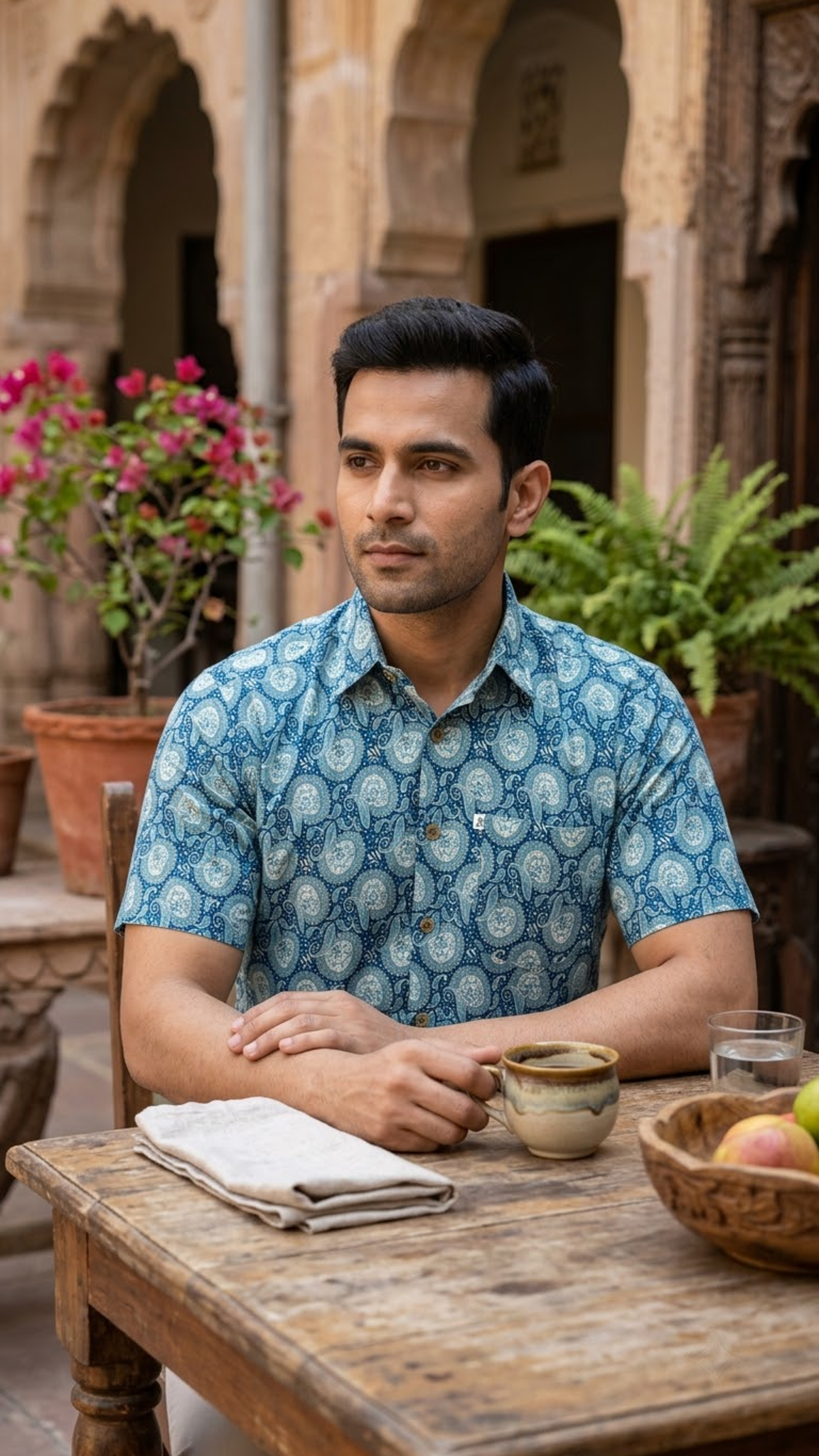 Blue Paisley Floral Printed  Plus Size Half Sleeves Cotton Shirt For Men