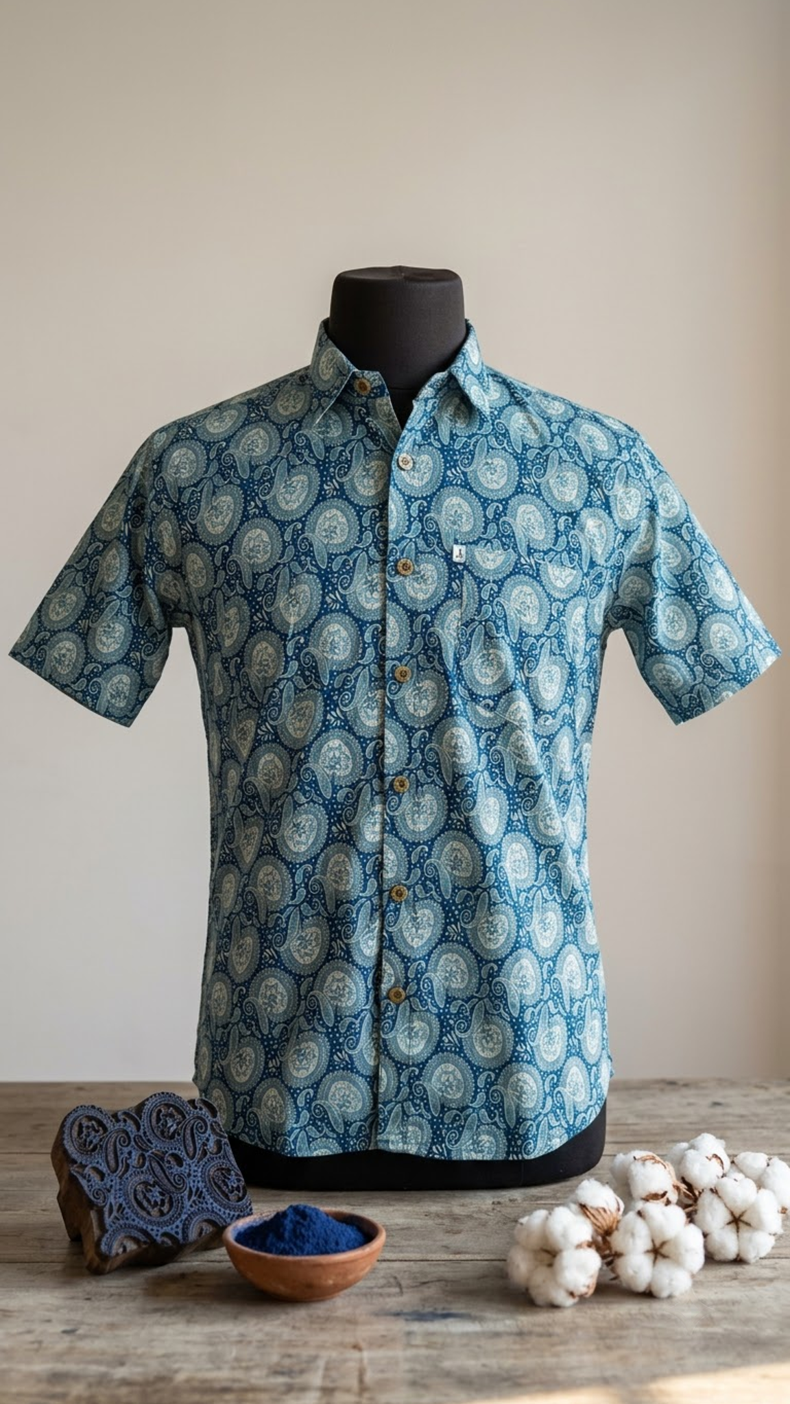 Blue Paisley Floral Printed  Plus Size Half Sleeves Cotton Shirt For Men