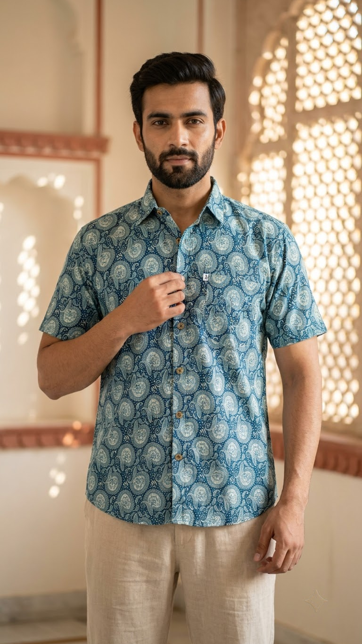 Blue Paisley Floral Printed  Plus Size Half Sleeves Cotton Shirt For Men