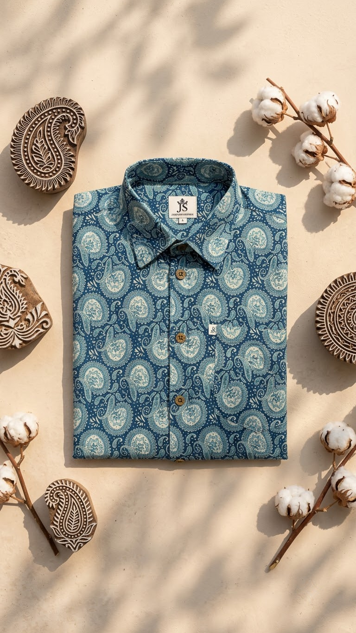 Blue Paisley Floral Printed  Plus Size Half Sleeves Cotton Shirt For Men
