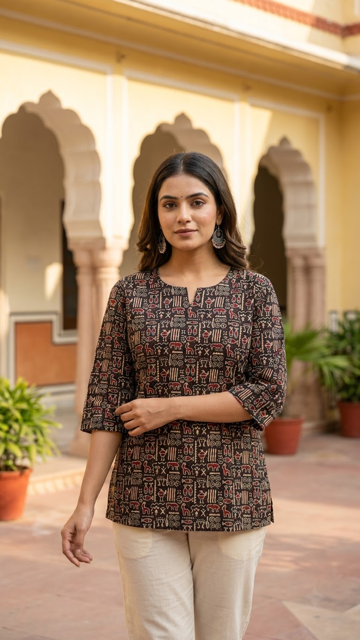 Black Tribal Motif Print 3/4 Sleeves Cotton Short Kurti Top for Women