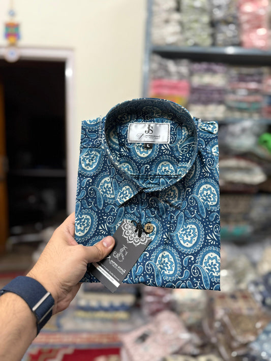 Blue Paisley Floral Printed  Plus Size Half Sleeves Cotton Shirt For Men