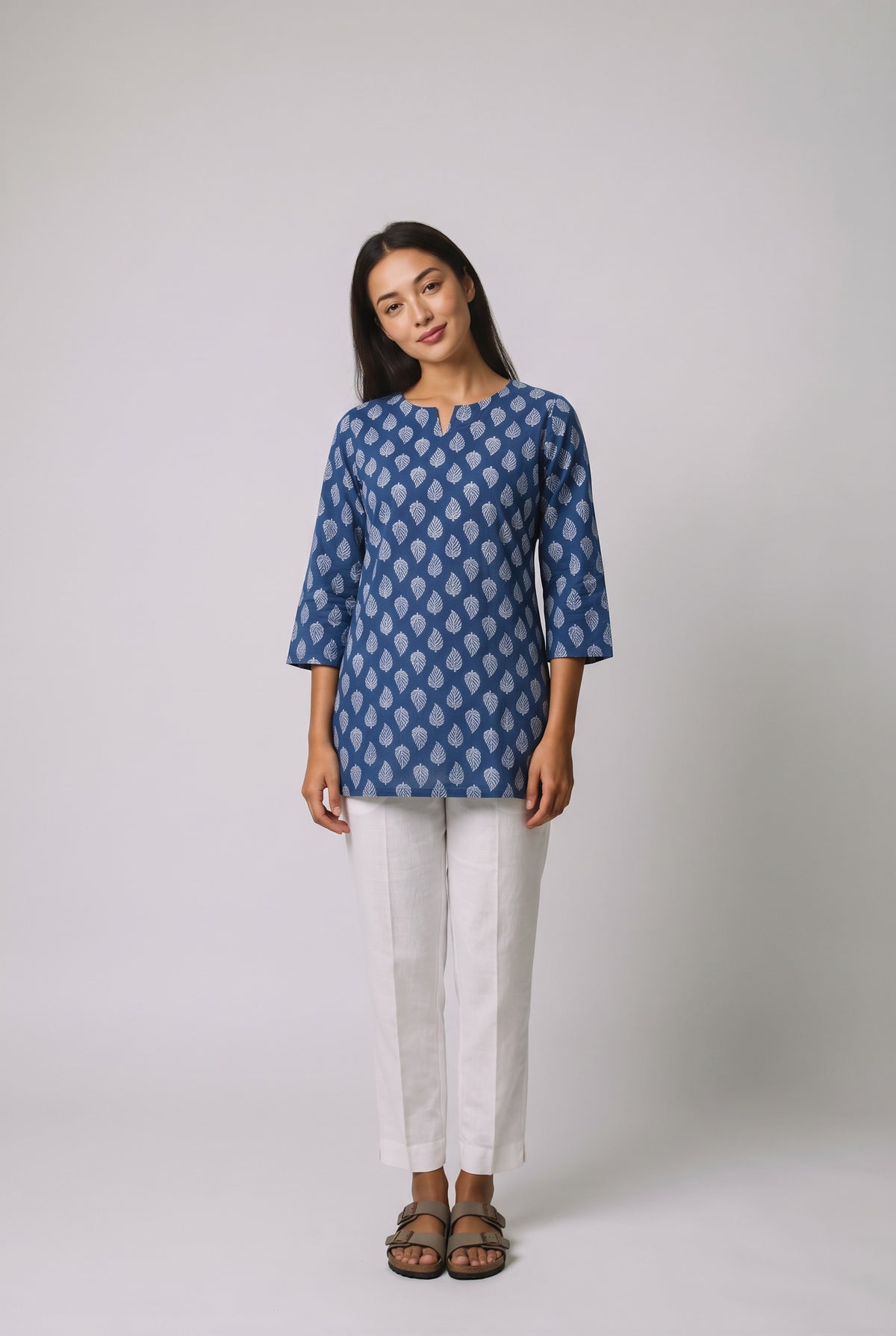 Indigo Blue Leaf Booti Hand Block Print 3/4 Sleeves Cotton Short Kurti Top for Women