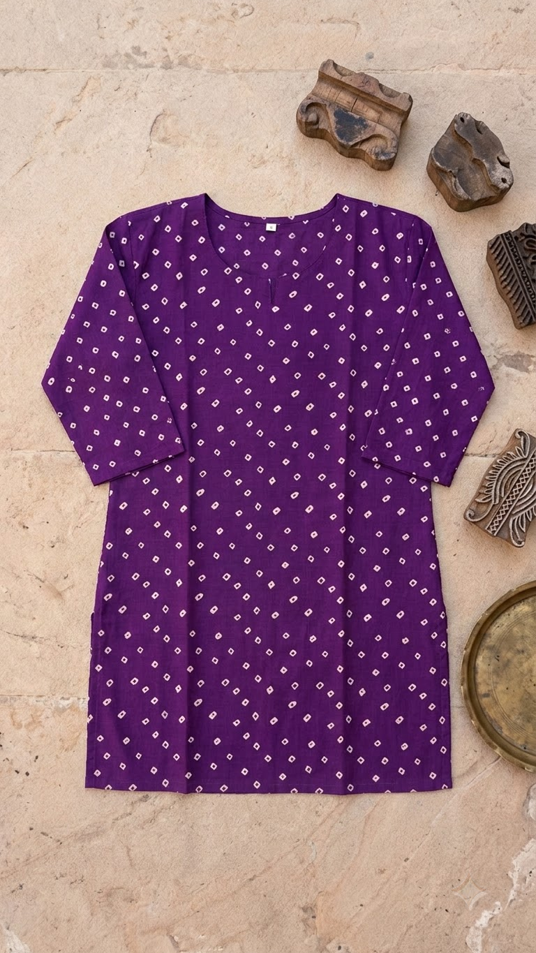 Purple Bandhej Dot Print 3/4 Sleeves Cotton Short Kurti Top for Women