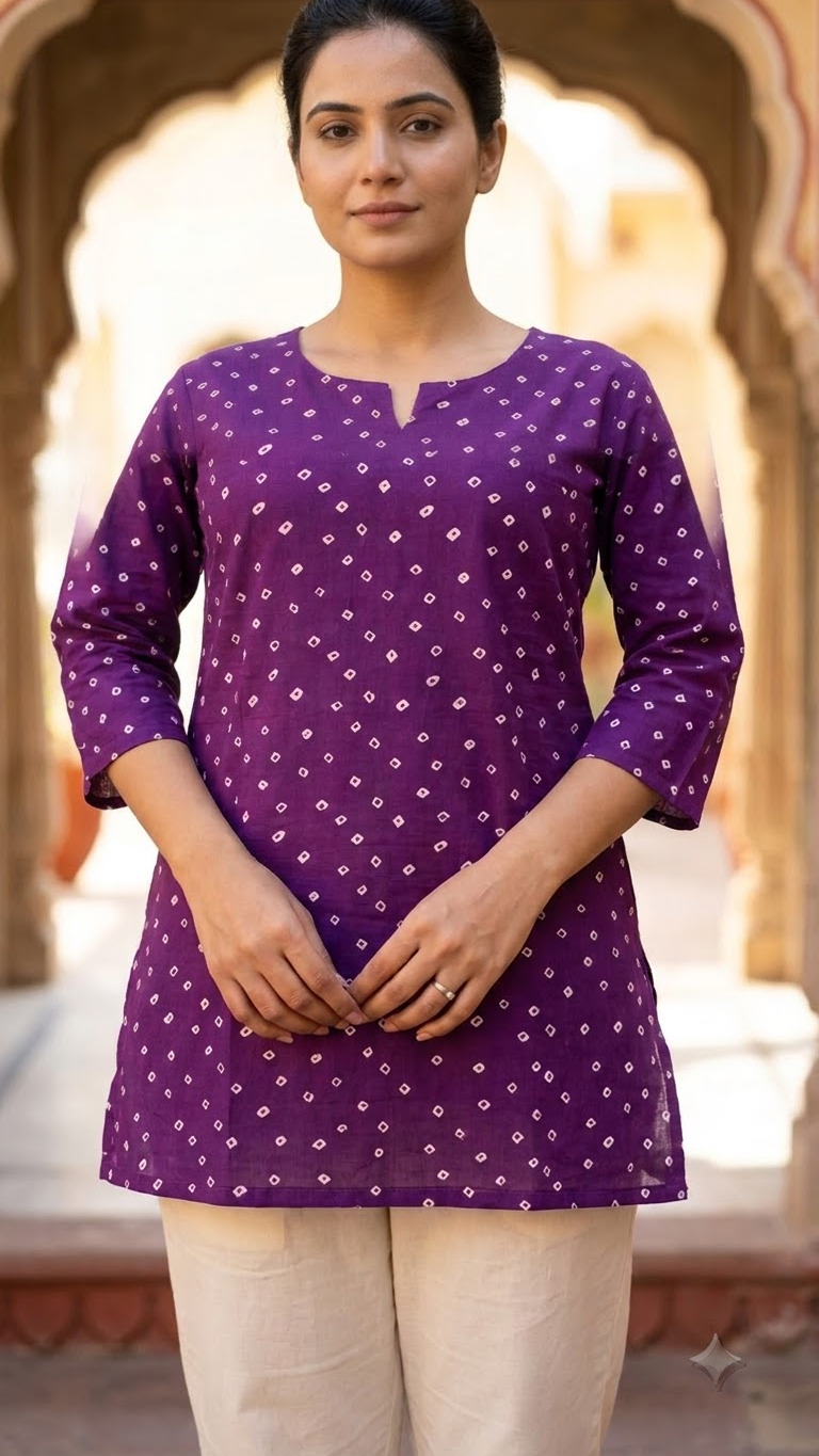 Purple Bandhej Dot Print 3/4 Sleeves Cotton Short Kurti Top for Women