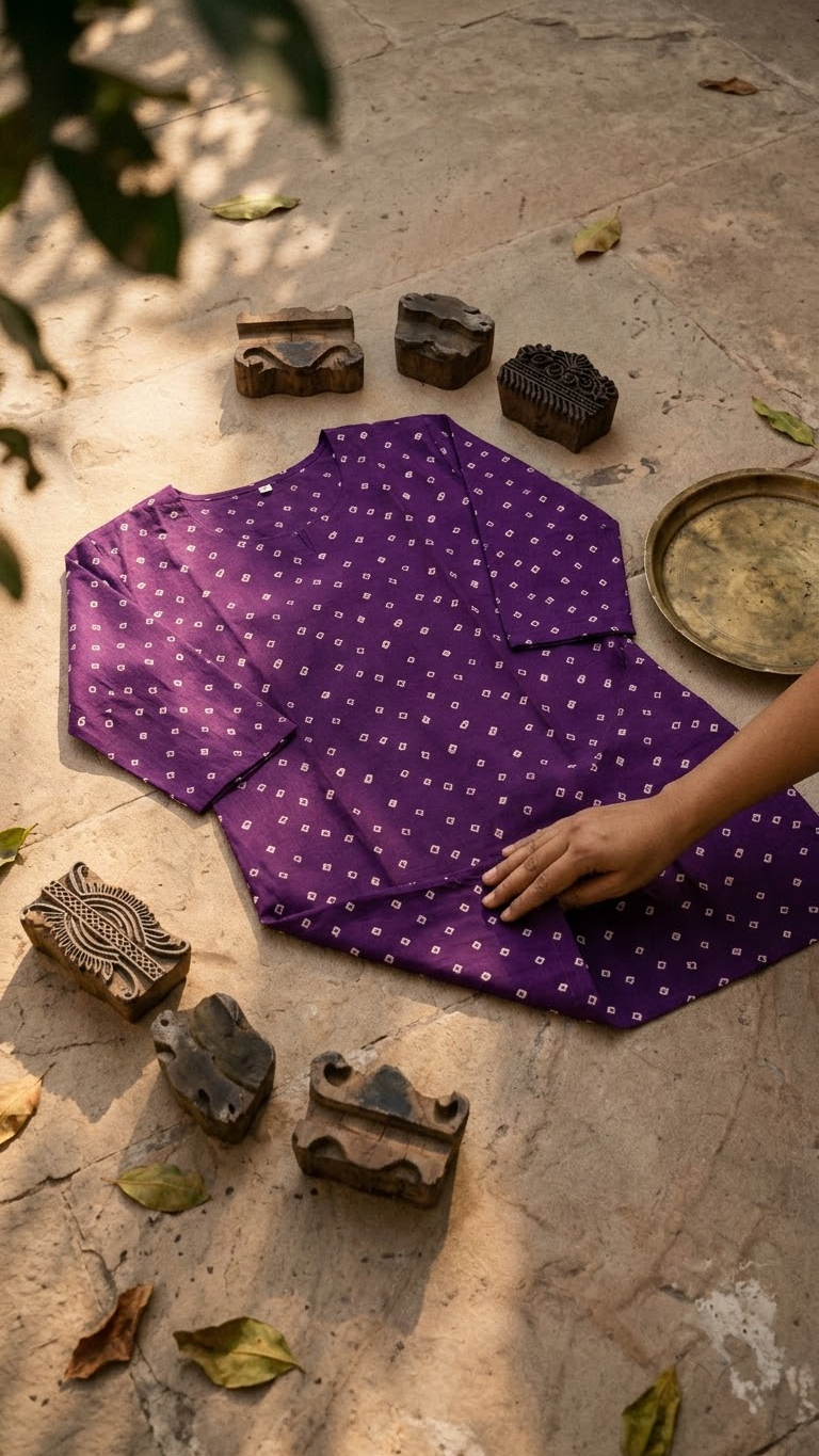 Purple Bandhej Dot Print 3/4 Sleeves Cotton Short Kurti Top for Women