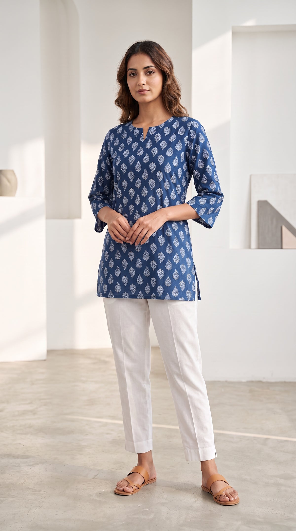 Indigo Blue Leaf Booti Hand Block Print 3/4 Sleeves Cotton Short Kurti Top for Women
