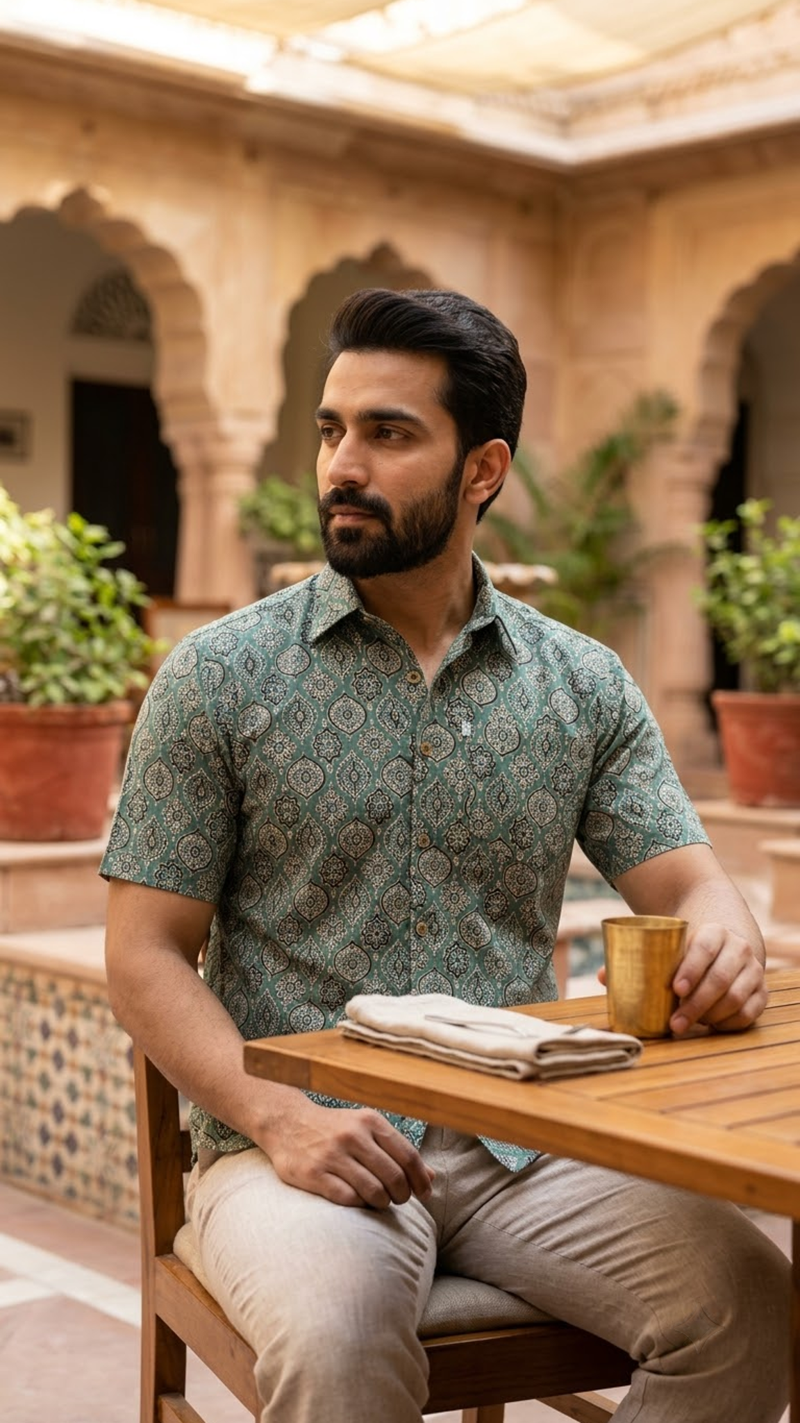Plus Size Green Ajrak Printed Mens Half Sleeves Shirt