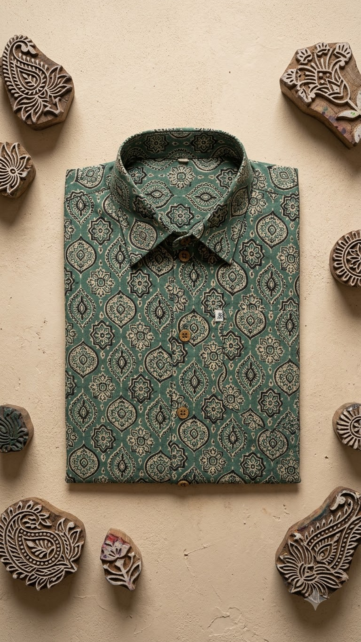 Plus Size Green Ajrak Printed Mens Half Sleeves Shirt