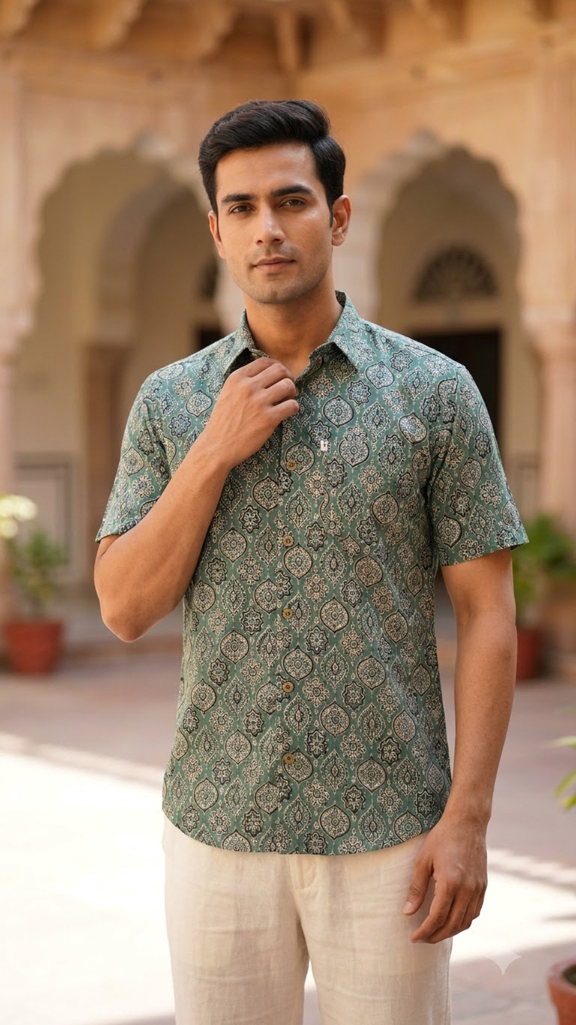 Plus Size Green Ajrak Printed Mens Half Sleeves Shirt