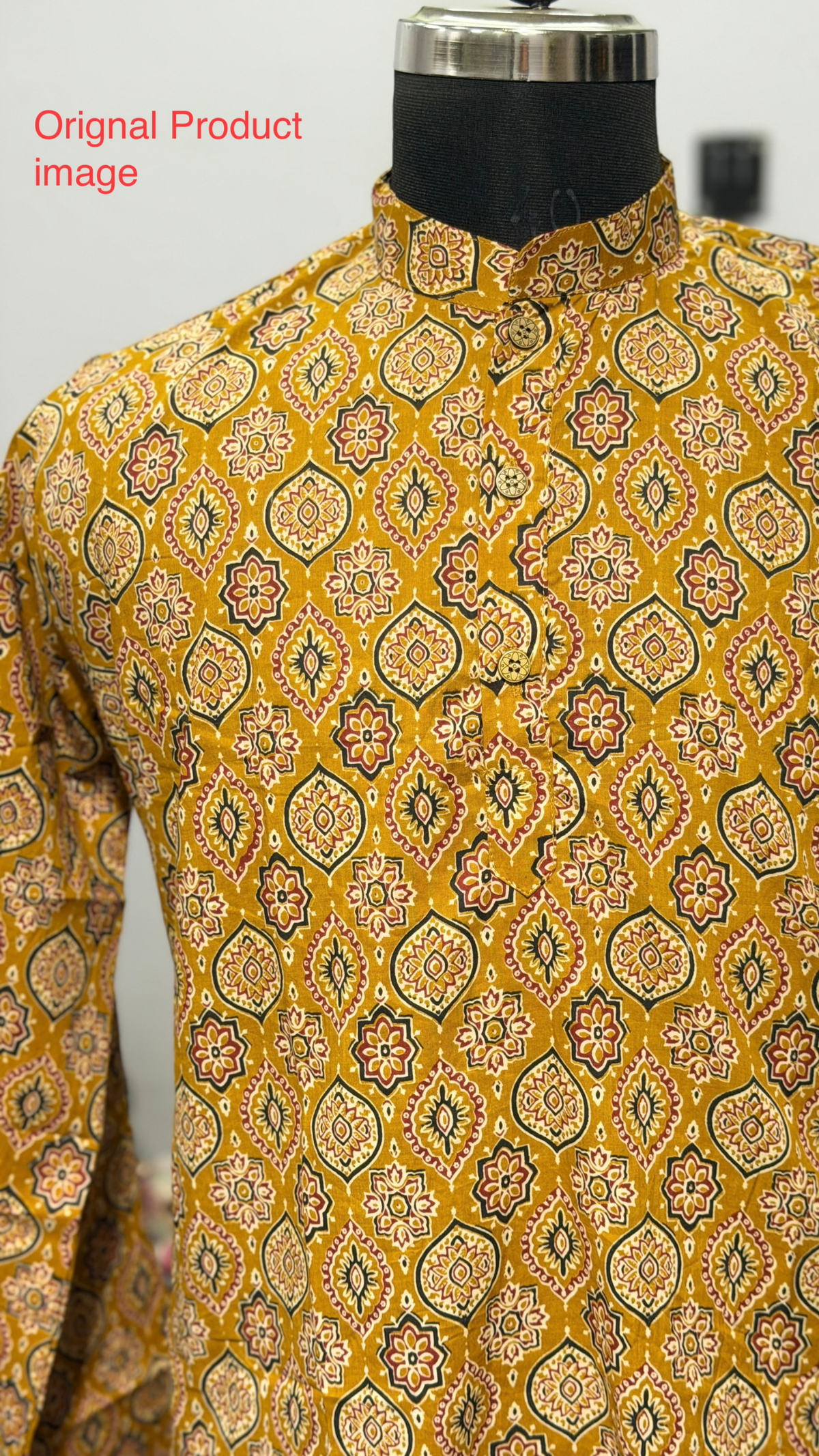 Mustard Ajrakh Medallion Printed Full Sleeves Long Kurta for Men