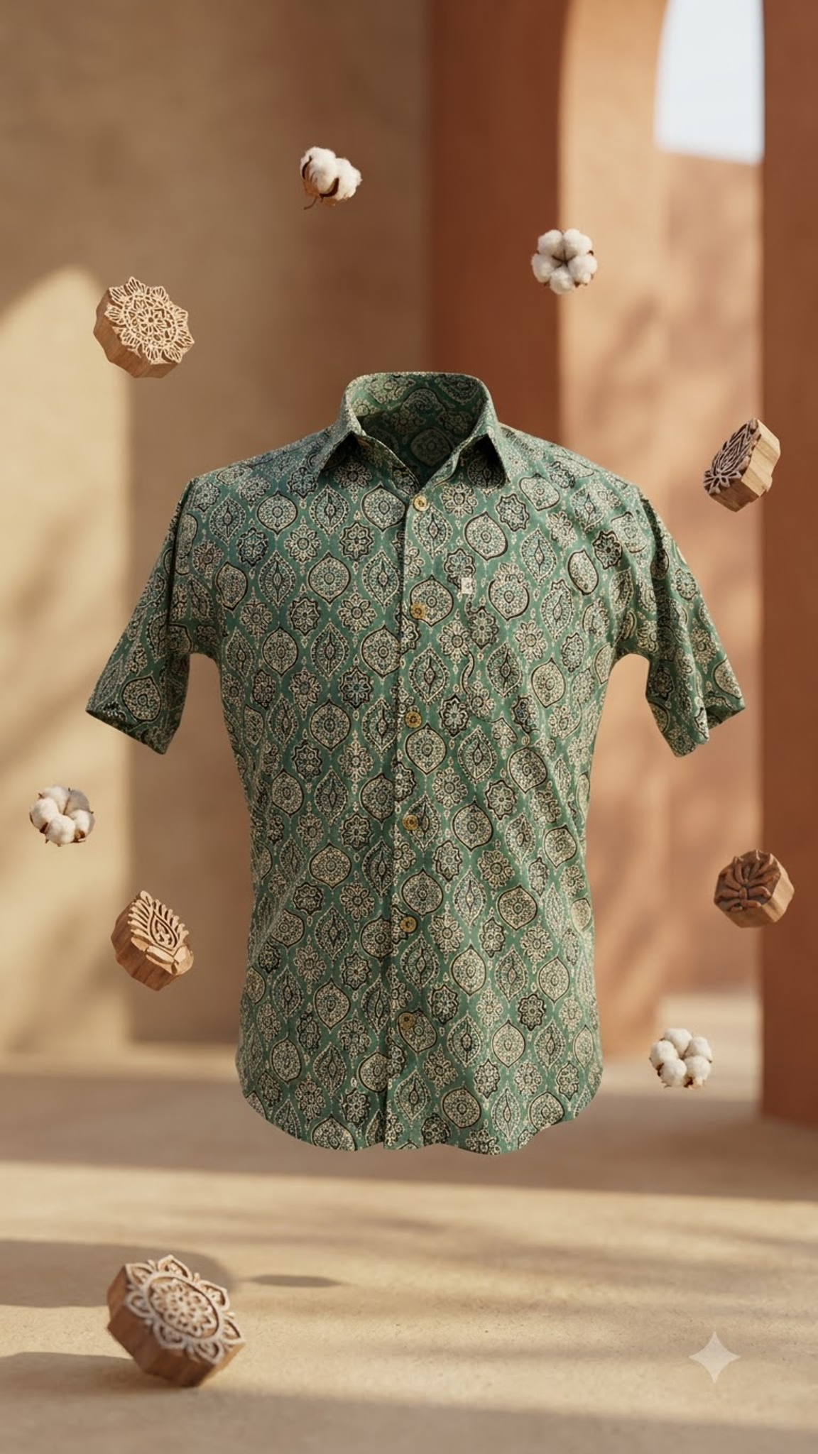 Plus Size Green Ajrak Printed Mens Half Sleeves Shirt