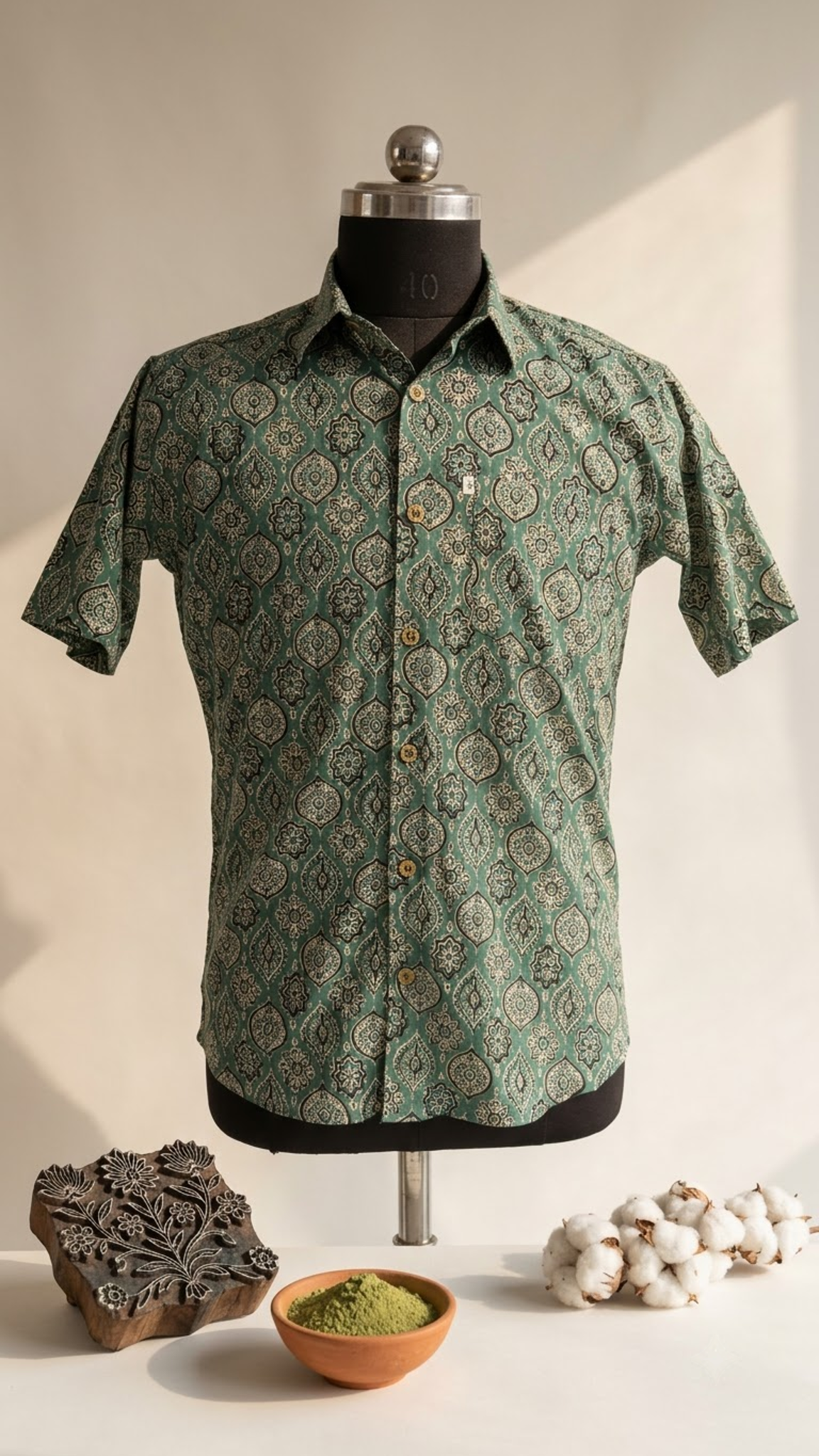 Plus Size Green Ajrak Printed Mens Half Sleeves Shirt