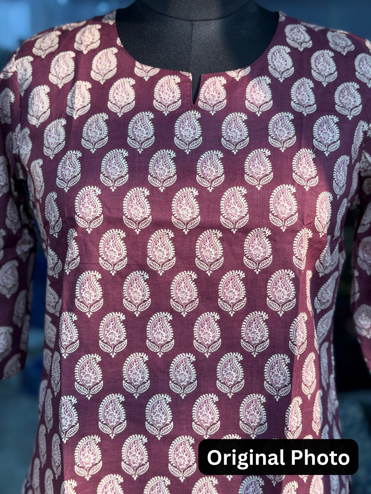 Purple Wine Boota Print 3/4 Sleeves Cotton Short Kurti Top for Women