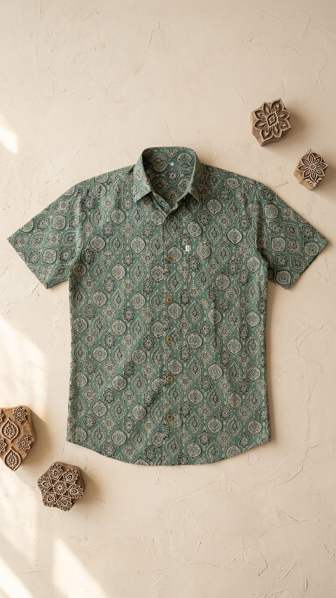 Plus Size Green Ajrak Printed Mens Half Sleeves Shirt