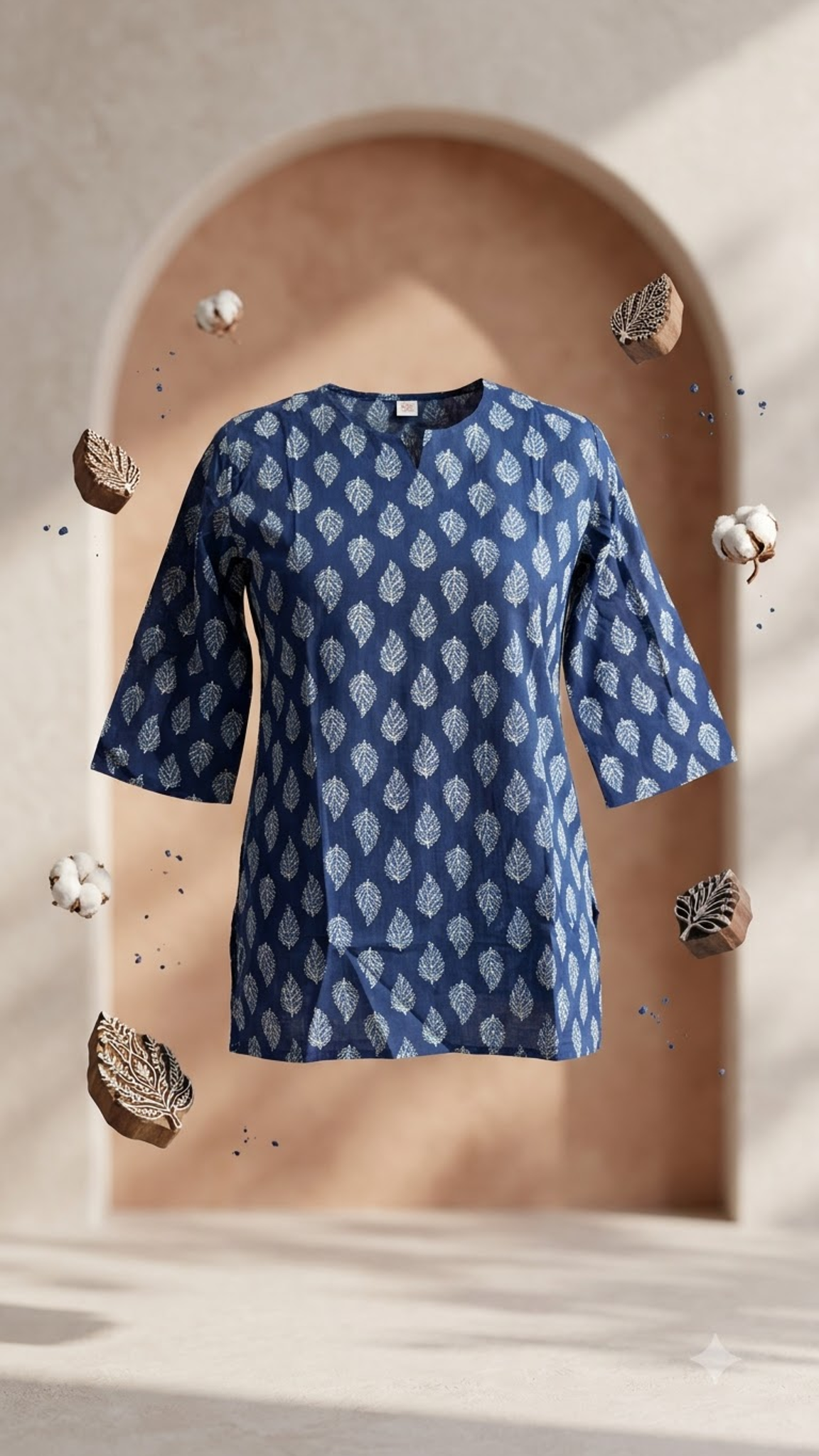 Indigo Blue Leaf Booti Hand Block Print 3/4 Sleeves Cotton Short Kurti Top for Women