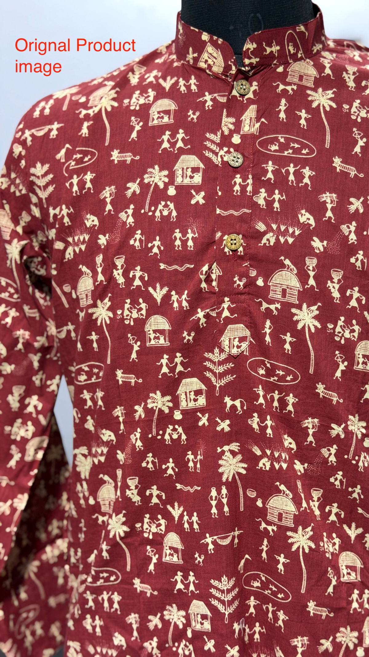 Maroon and beige Warli Art Printed Full Sleeves Long Kurta for Men