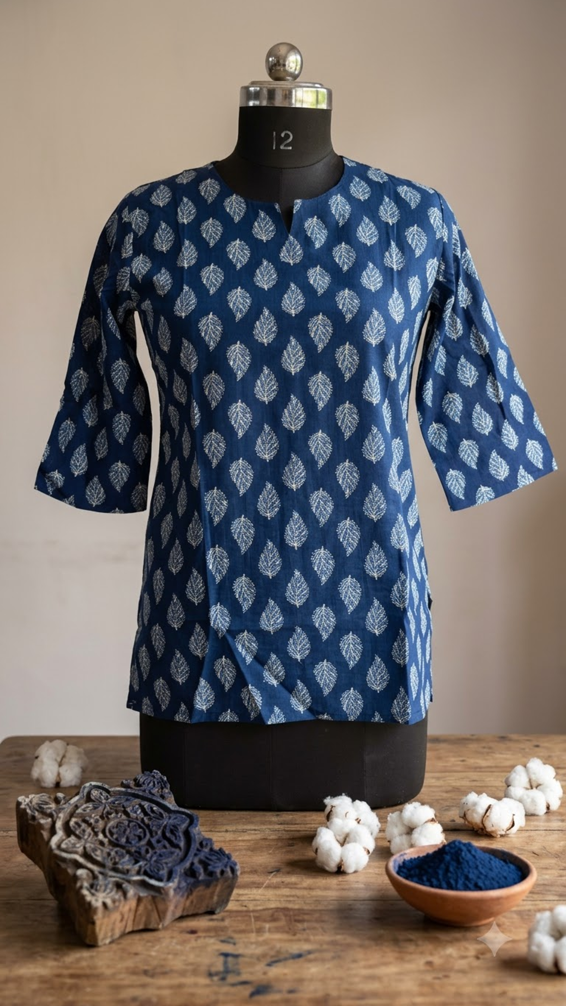 Indigo Blue Leaf Booti Hand Block Print 3/4 Sleeves Cotton Short Kurti Top for Women