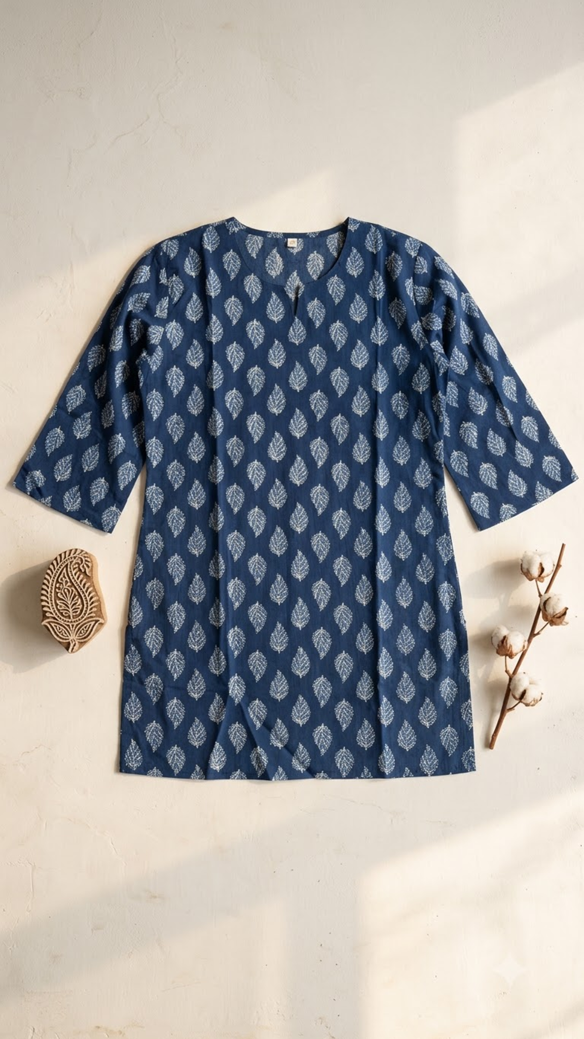 Indigo Blue Leaf Booti Hand Block Print 3/4 Sleeves Cotton Short Kurti Top for Women