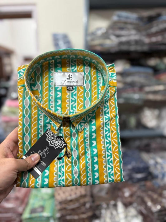 Green & Yellow Striped Plus Size Half Sleeves Cotton Shirt For Men
