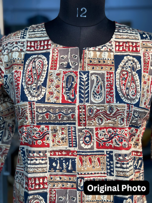 Patch Work Motif Print 3/4 Sleeves Cotton Short Kurti Top for Women