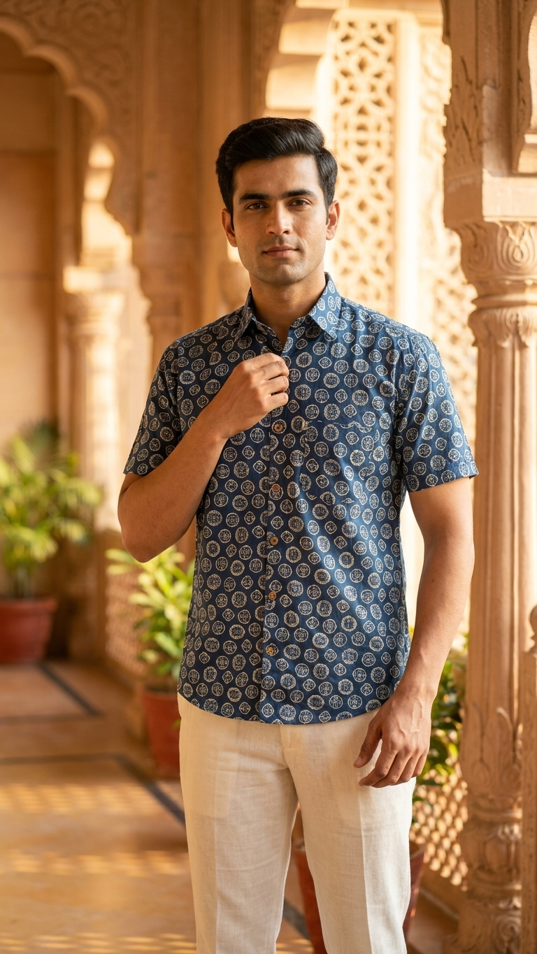 Steel Blue Coin Motif Printed Mens Half Sleeves Cotton Shirt