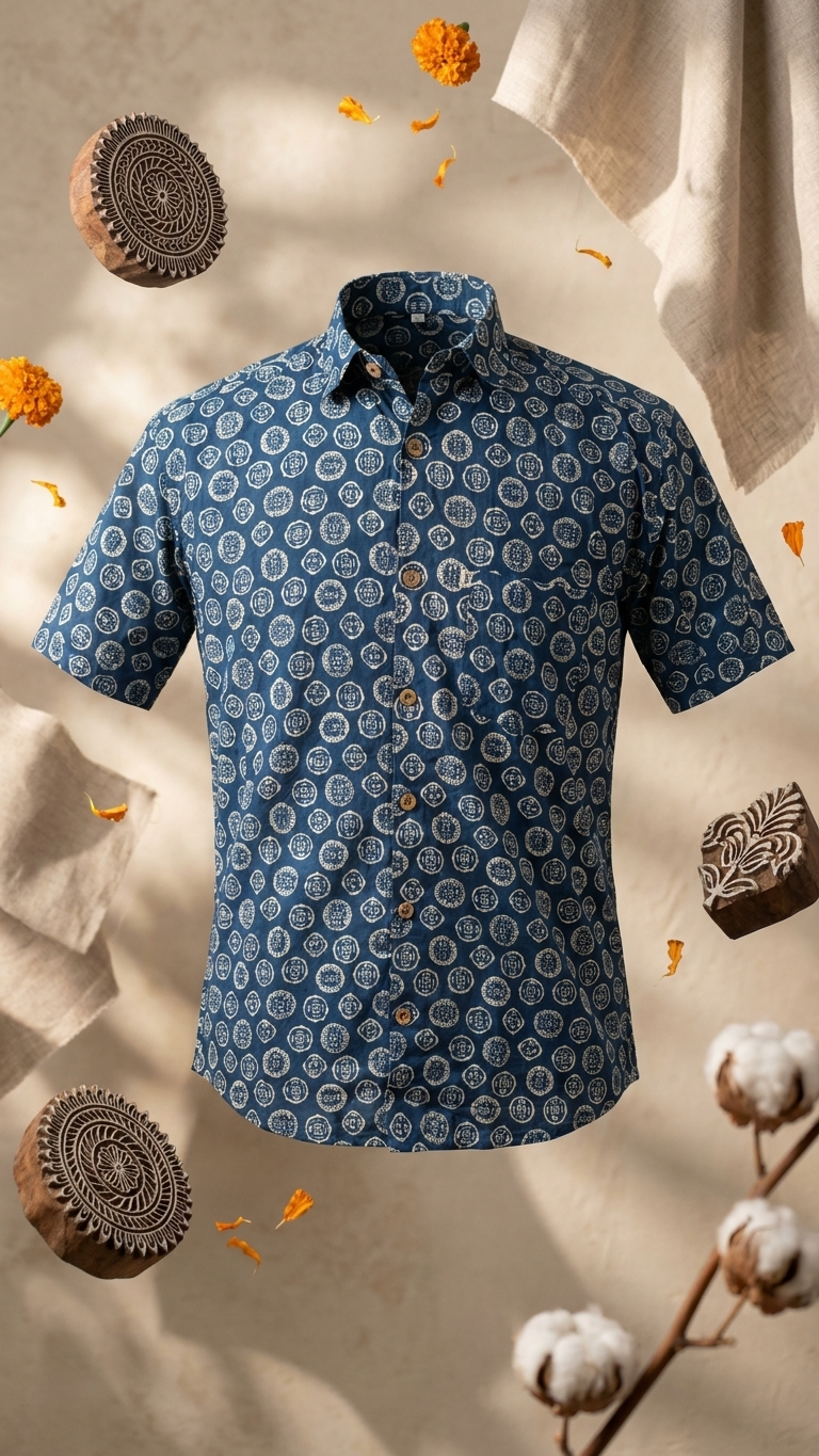 Steel Blue Coin Motif Printed Mens Half Sleeves Cotton Shirt