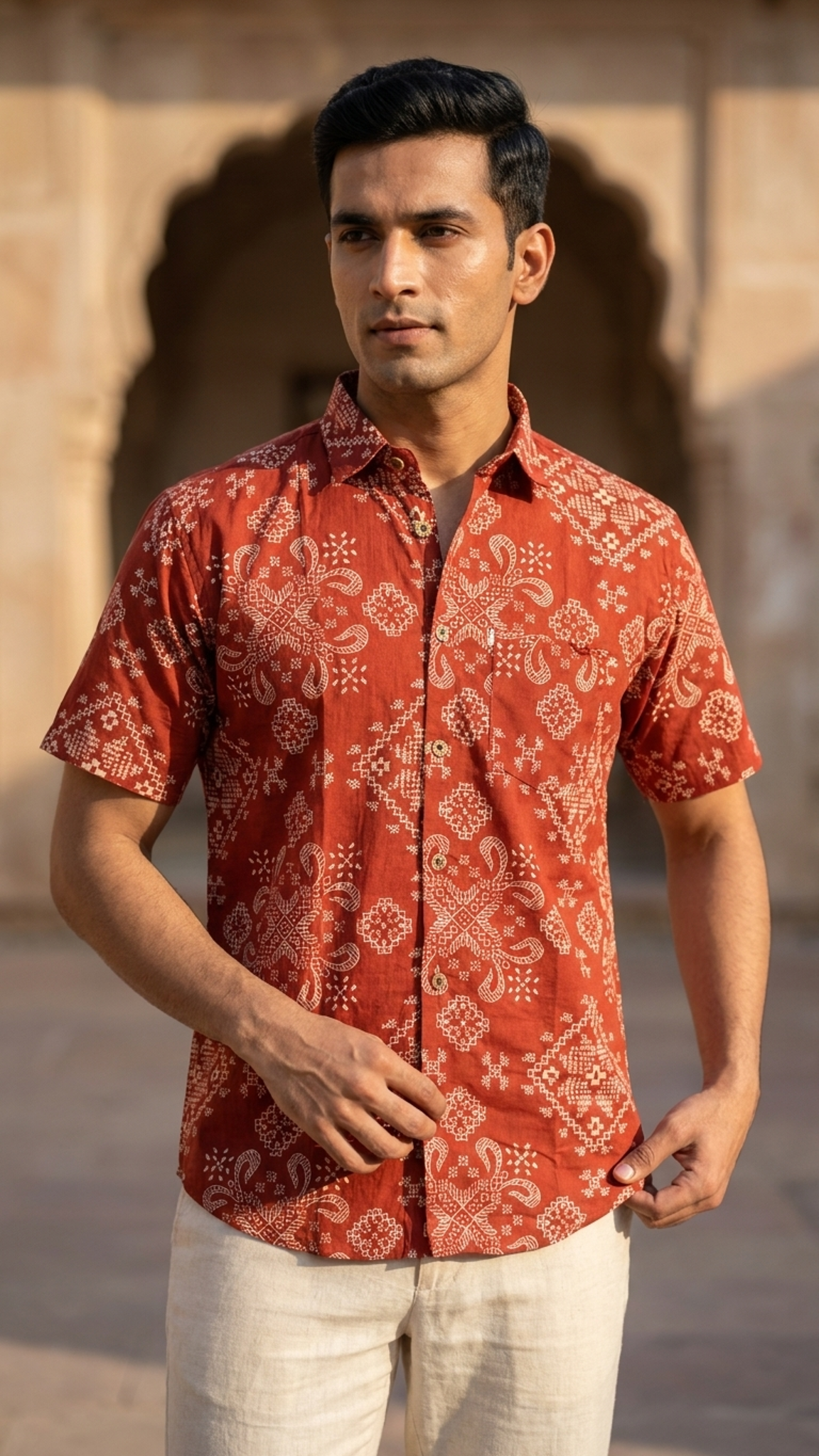 Brick Red Big Bandhej Printed Mens Half Sleeves Shirt