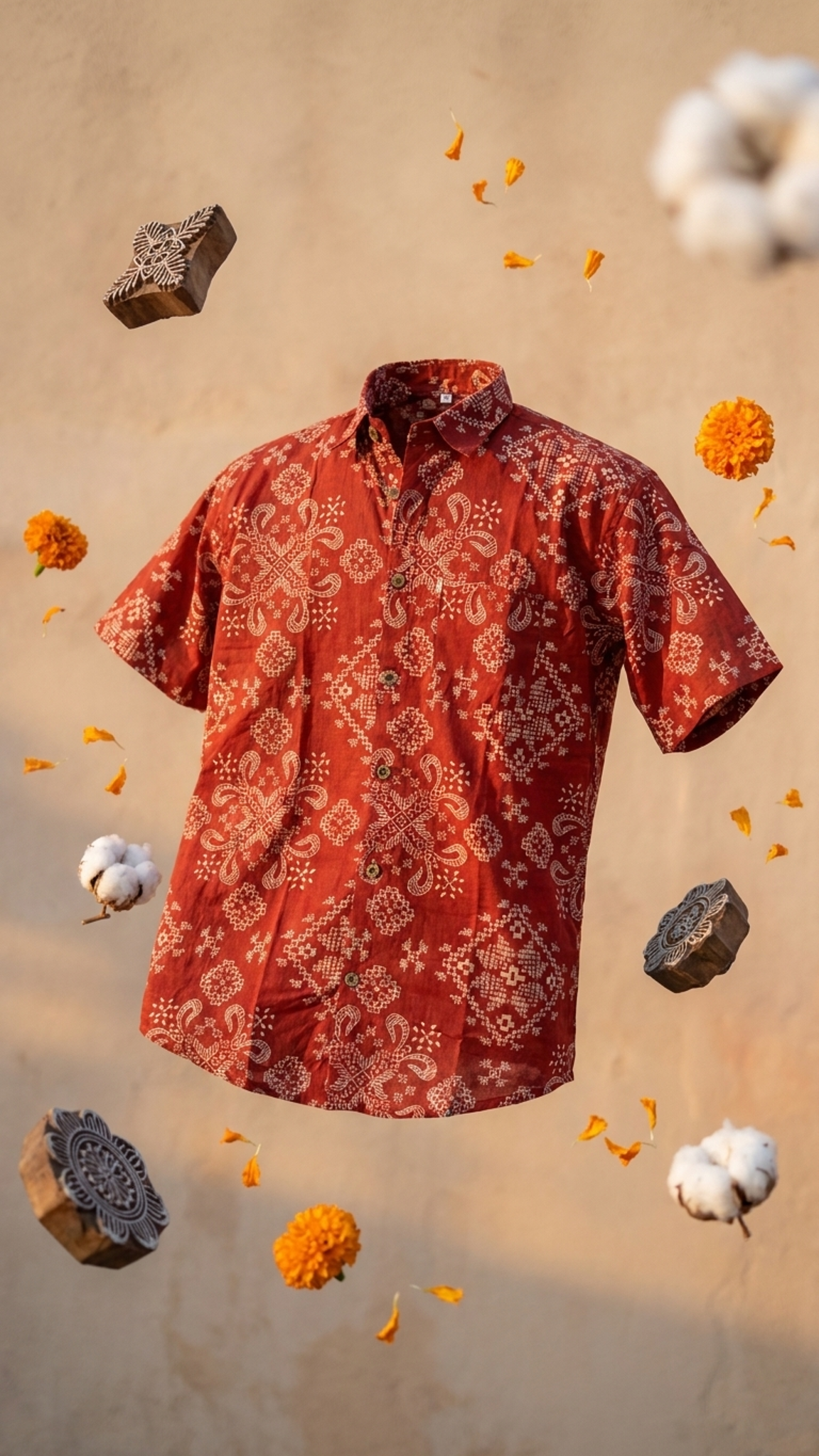 Brick Red Big Bandhej Printed Mens Half Sleeves Shirt