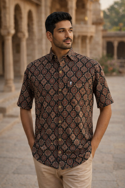 Black Ajrakh Motif Printed Half Sleeves Cotton Shirt for Men