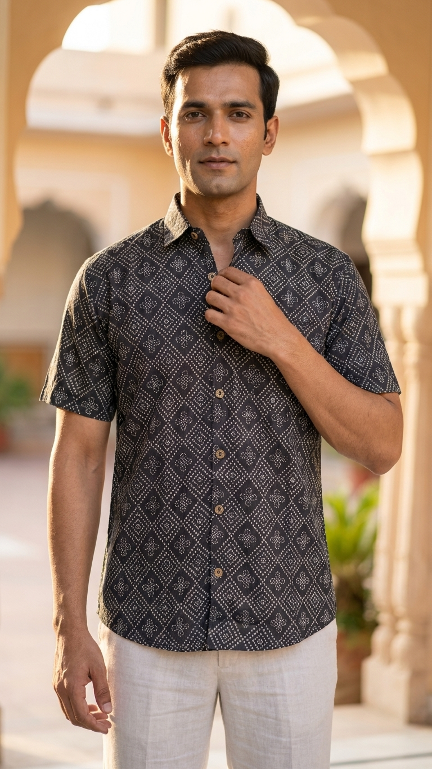 Black Barfi Bandhej Printed Half Sleeves Cotton Shirt for Men