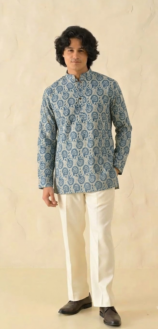 Blue Dabu-Inspired Booti Print Full Sleeves Short Kurta for Men